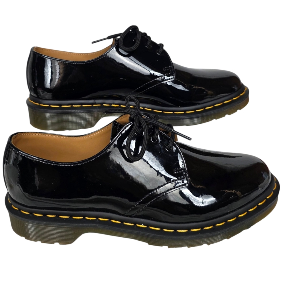 Dr. Martens Black Patent Leather 3-Eye Shoe with Yellow Stitching - Picture 4 of 12